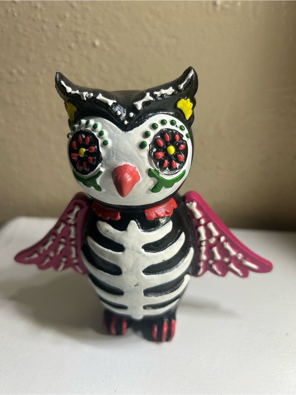 Hand-Painted Day of the Dead Owl Figurine in Black & Pink